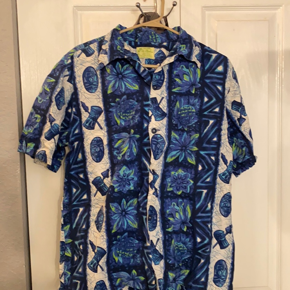 Vintage 60s Hawaiian Shirt Ui-Maikai blue white XL